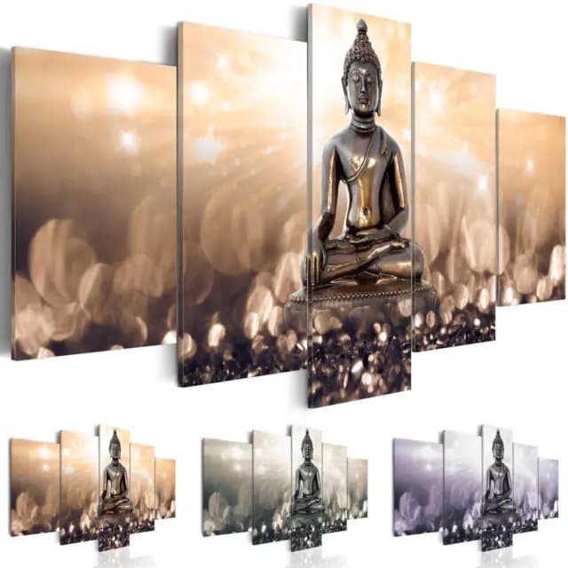 Fashion Wall Art Canvas Painting 5 Pieces Brown Green Purple Diamond Buddha Modern Home Decoration, No Frame