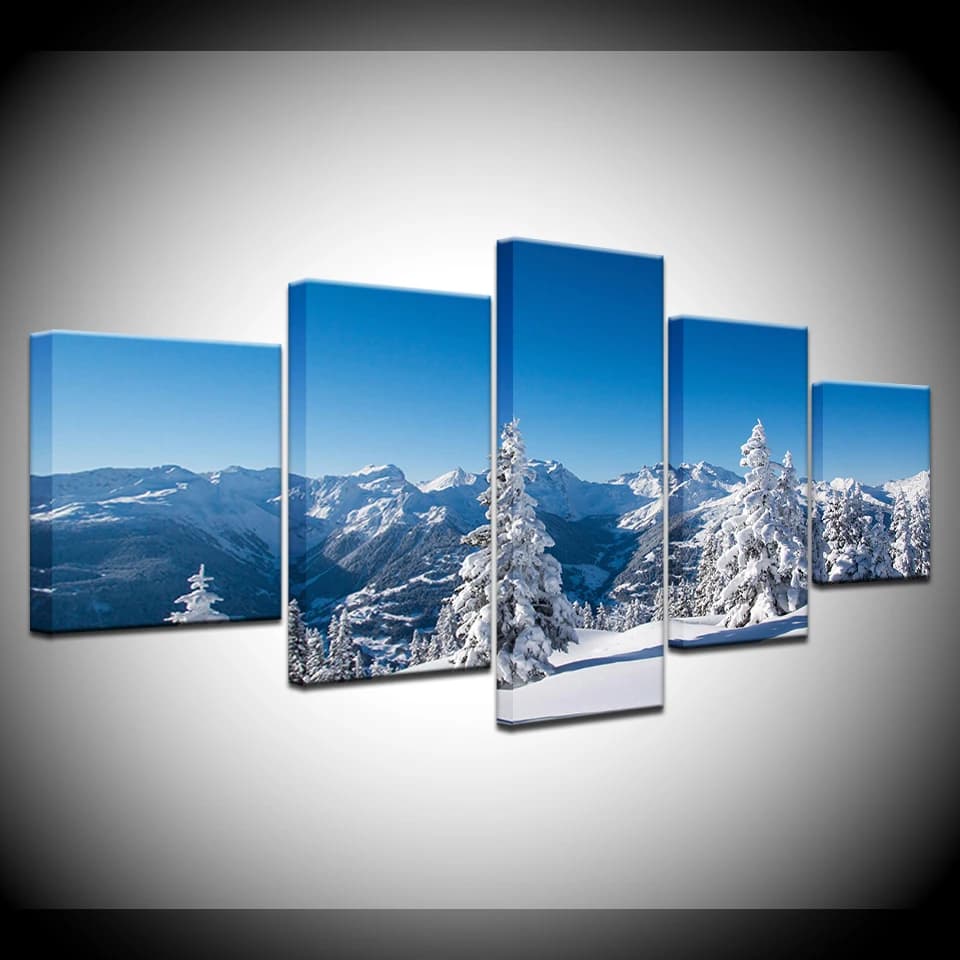 The snow mountain snow trees 5 piece Wallpapers modern Modular Poster art Canvas painting for Living Room Home Decor