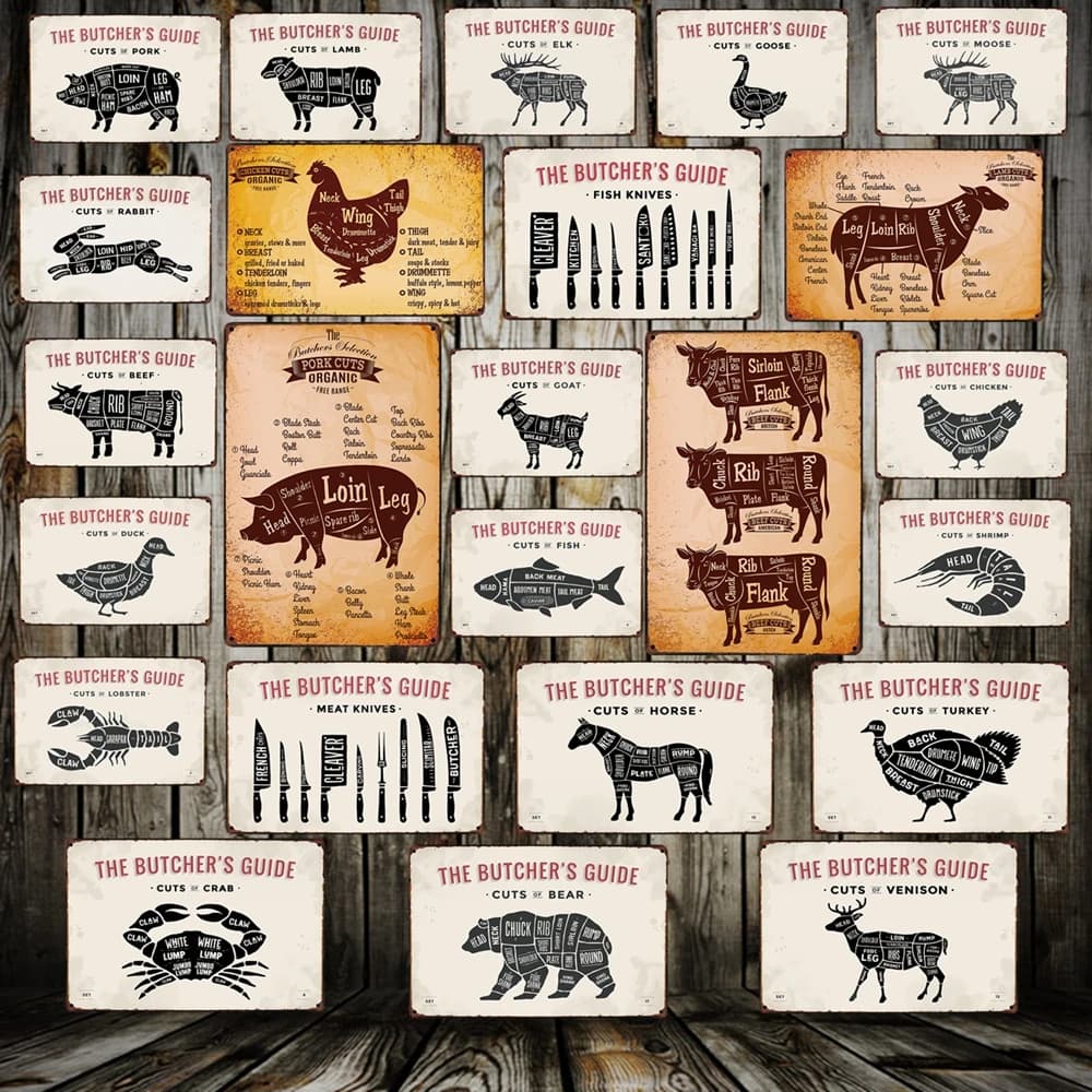 [ Mike86 ] CUTS BUTCHER GUIDE BEEF PIG DUCK Meat Collection TIN SIGN  Decor Retro Wall Plaque Painting Metal Craft FG-229
