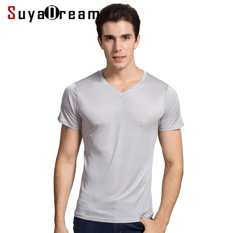 SuyaDream Men basic T shirt Natural Silk V neck Solid Short Sleeve Shirts White Black Grey 2025 Spring Summer Top