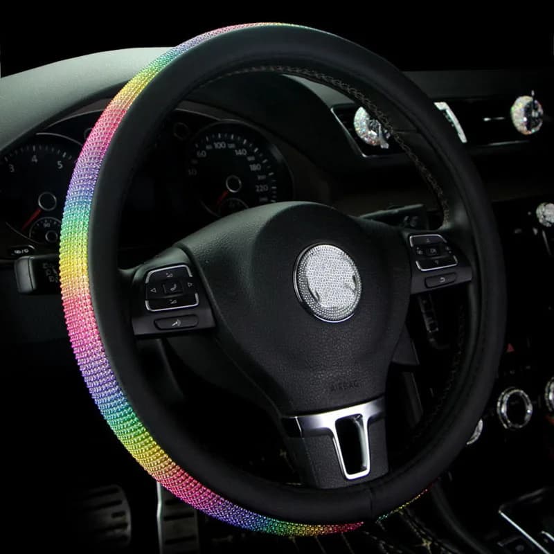 Rainbow Steering Wheel Cover For Women Bling Rhinestones Car Steering-wheel Protector Case Leopard Grain Glitter Auto Accessory