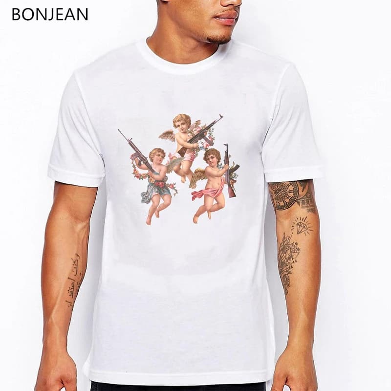 Three Angels With Guns Printed Tshirt Men Funny T Shirts Harajuku Shirt Vintage Aesthetic T Shirt Homme Summer Tops Clothes
