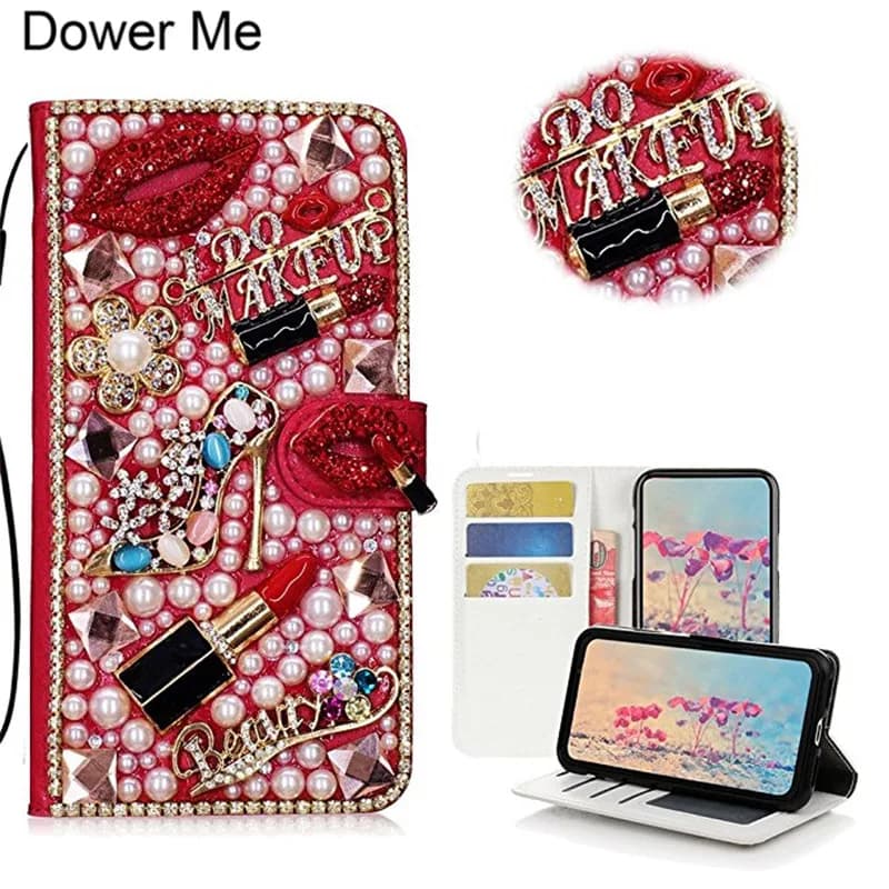 Diamond Kiss Lipstick High Heel Flower Handbag Wallet Card Slot Leather Case For Iphone 18 17 Air 16 15 14 13 12 Pro Max Plus