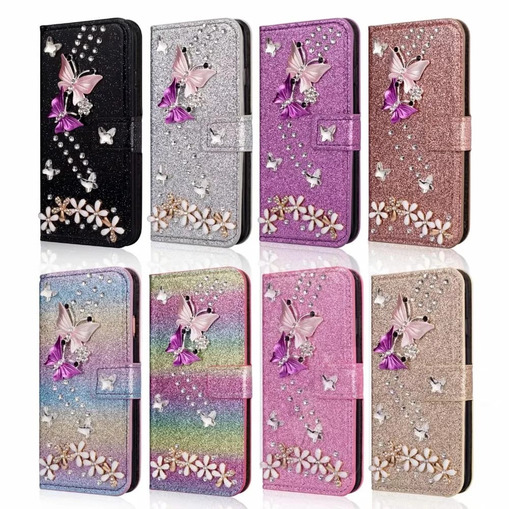 Diamond Flower Butterfly Flip Wallet Glitter Leather Case Cover For Samsung Galaxy S26 S25 S24 S23 FE Ultra Plus