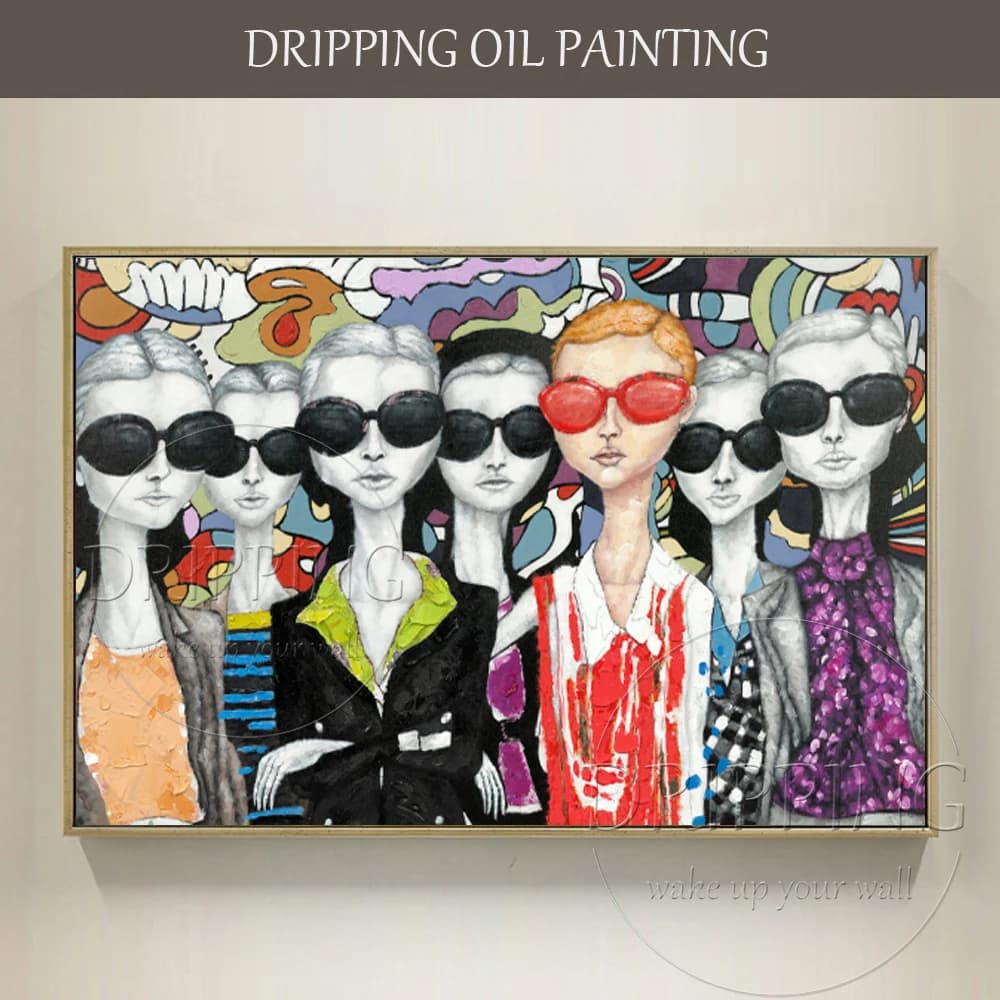 New Design High Quality Hand-painted Modern Lady Oil Painting on Canvas Funny Face with Glasses Oil Painting for Wall Decoration