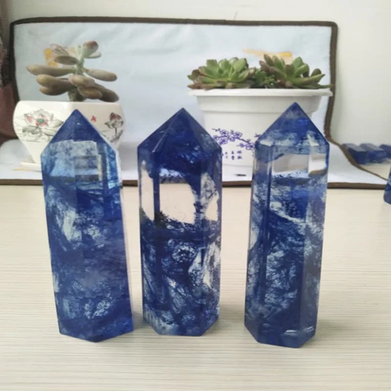 1pcs Asia blue  quartz crystal wand hexagon crystal single point reiki treatment + free shipping
