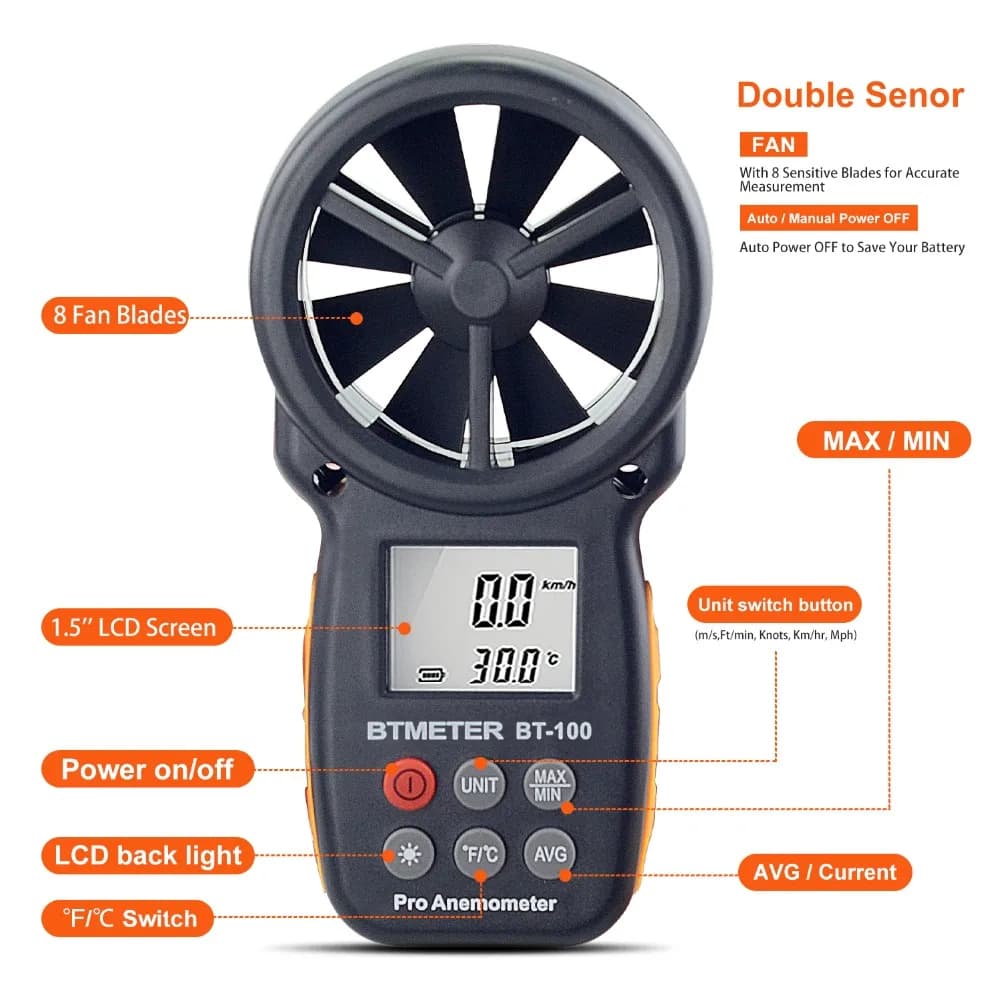 BT-100 Digital Anemometer Handheld Wind Speed Meter for Measuring Wind Speed,Temperature and Wind Chill with Backlight LCD