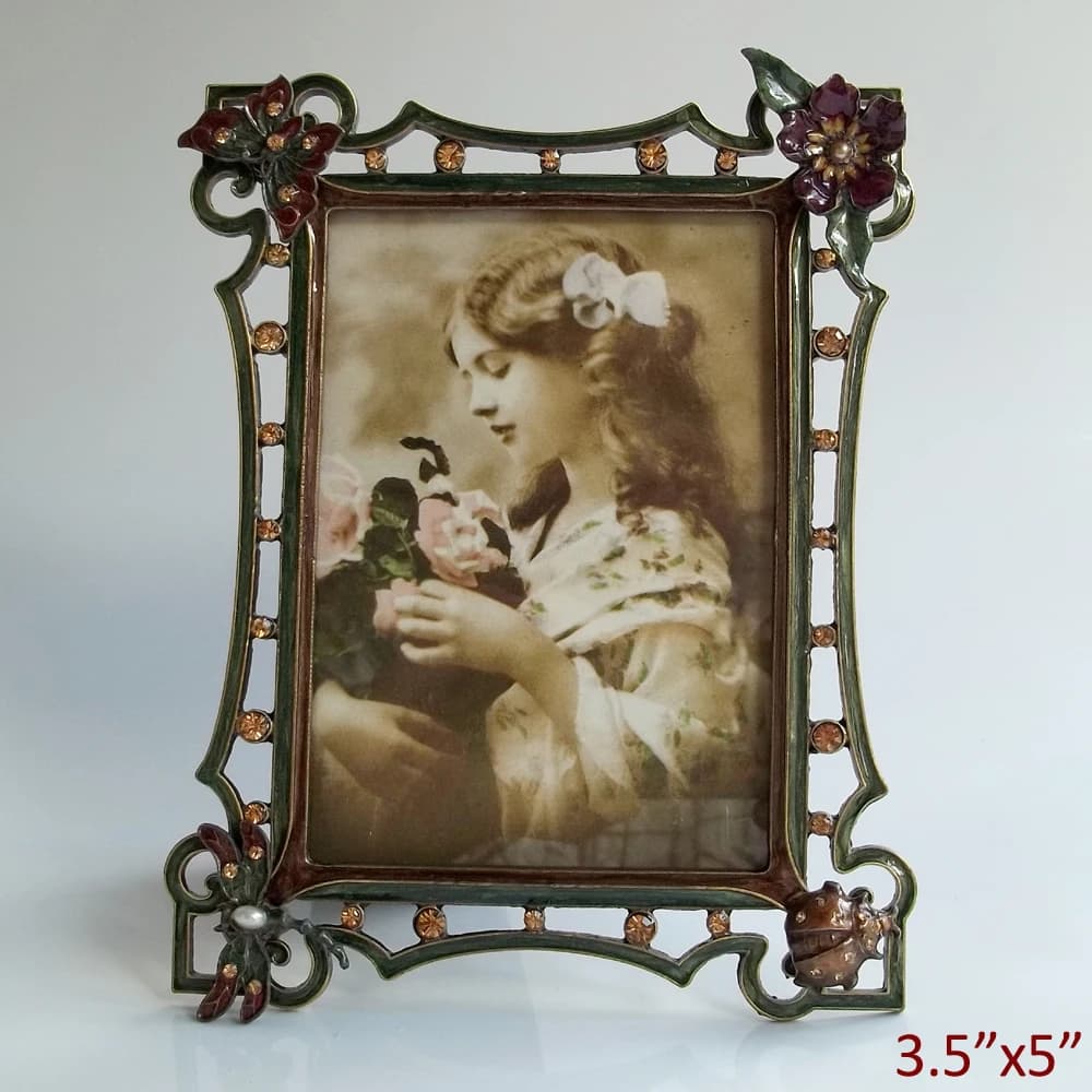 Classic Antique Brass Green Jeweled 3.5x5 Inches Tabletop Metal Picture Photo Frame with Removable Decor Ornaments