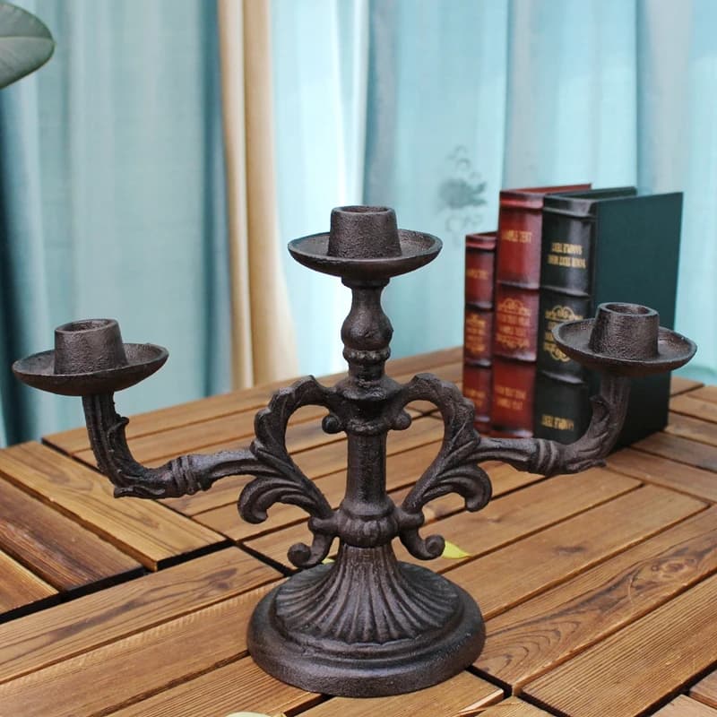 European Vintage Home Tabletop Decor Cast Iron Stick Candle Holder With Three Branches Cup Antique Rustic Handmade Candle Holder