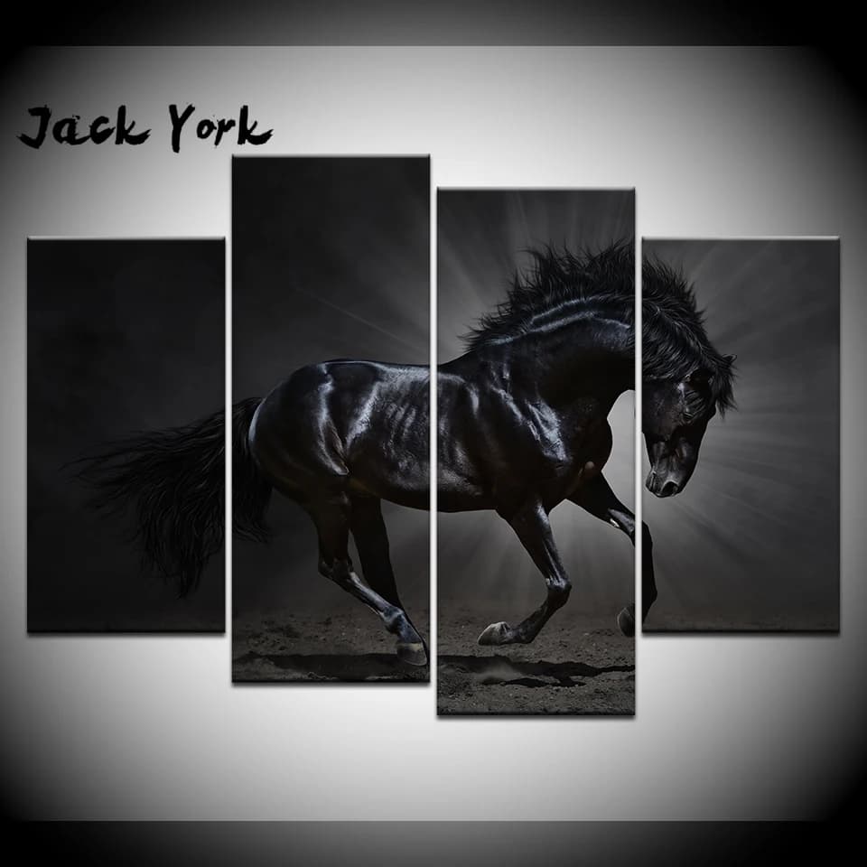 Canvas Painting Dark Black Horse Retro 4 Pieces Wall Art Painting Modular Wallpapers Poster Print Home Decor free shipping
