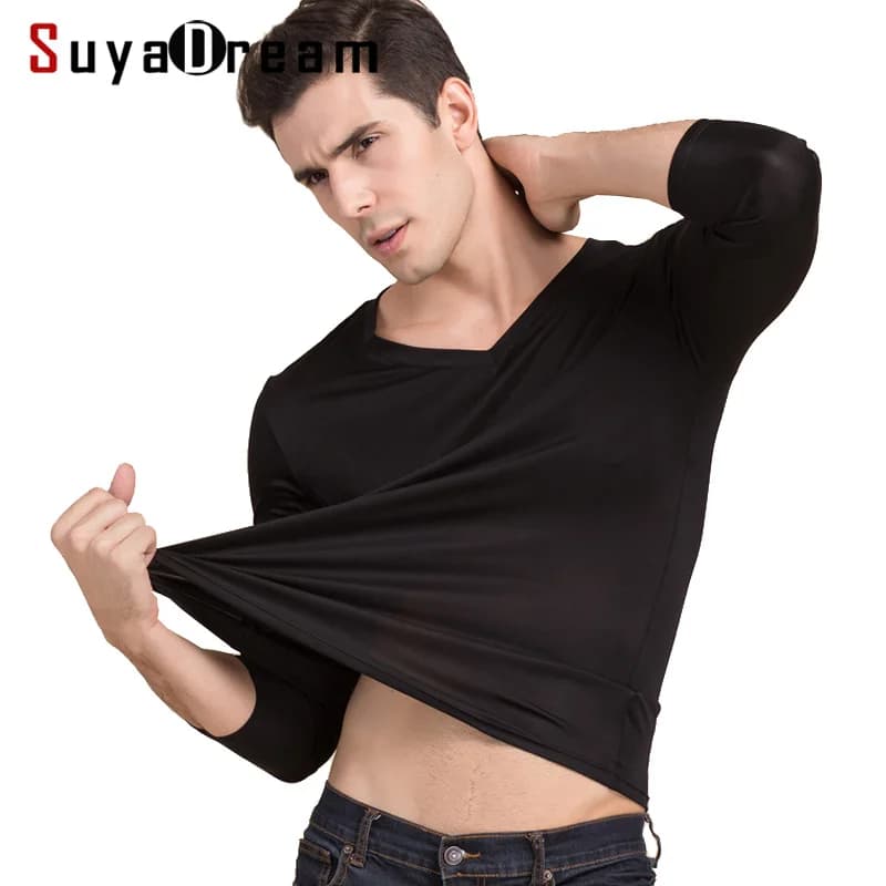 Men basic T shirt, Knitted Natural Silk V neck Solid shirt long Sleeve top Mens silk top White Black Grey 2025 New Spring Summer