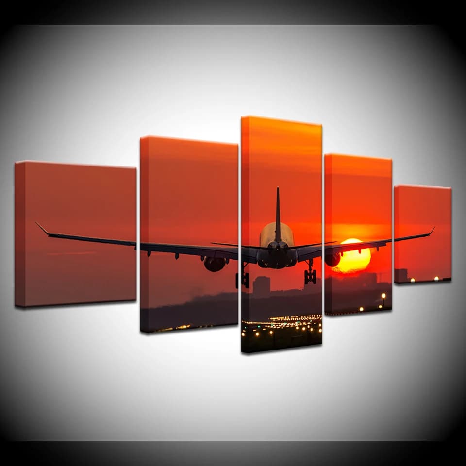 The plane flying sunset 5 piece Wallpapers modern Modular Poster art Canvas painting for Living Room Home Decor