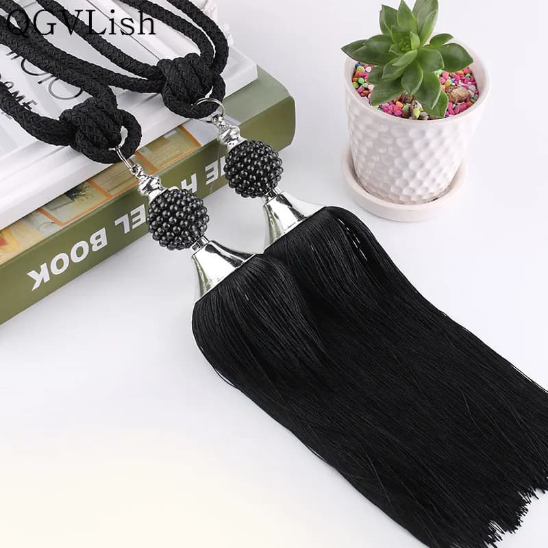QGVLish 2Pcs Pearl Beads Curtain Tiebacks Tassel Fringe Curtain Hanging Ropes Brush Buckle Straps Curtain Accessories Home Decor