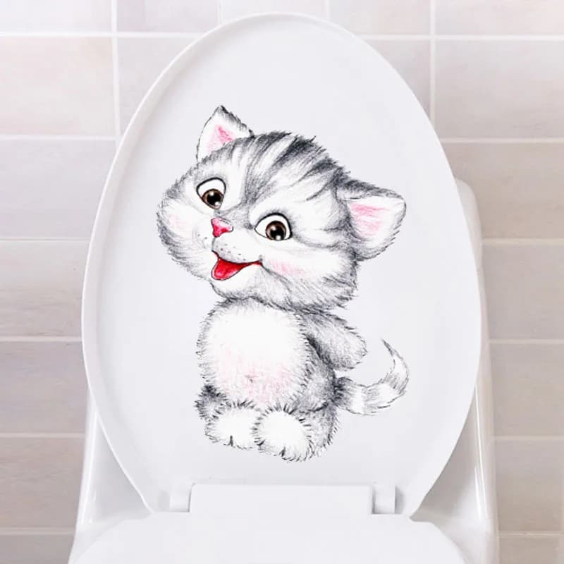 Cute Cartoon Kitten Toilet Sticker Bathroom Decoration Waterproof Self-adhesive Decals Living Room Cabinet Removable Wall Paster