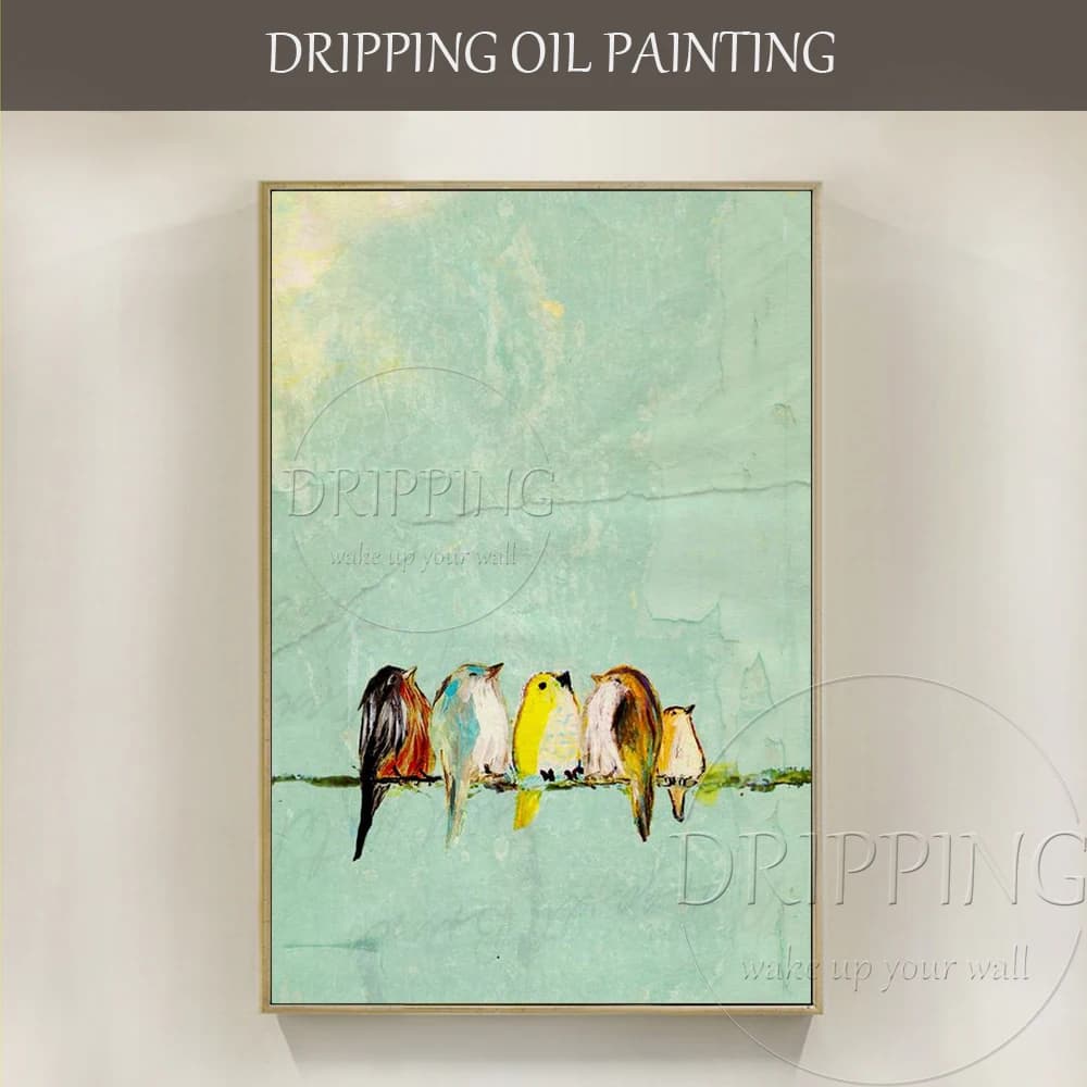 New Painting Artist Hand-painted Small Birds Oil Painting on Canvas Lovely 5 Baby Birds Oil Painting for Living Room Decoration