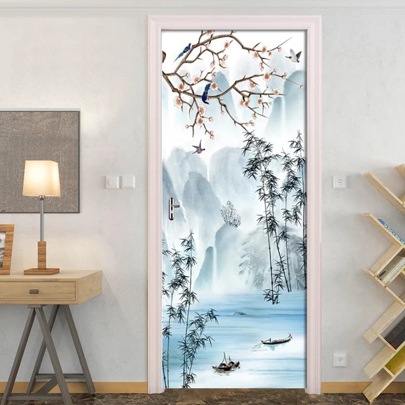 2019 New Wall Decals Door Mural 3D Ink And Flower Bird Door Sticker DIY Self-adhesive Waterproof Wallpaper Poster for Home Decor