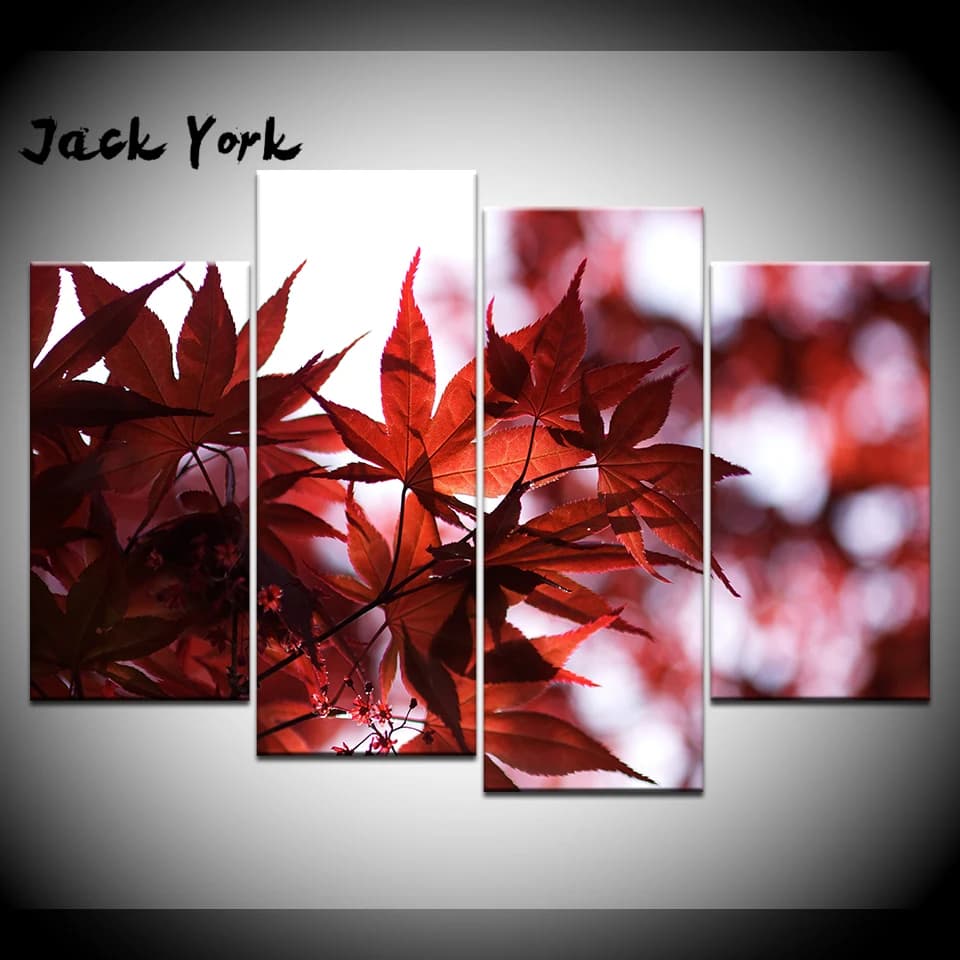 Canvas Painting Red maple leaf 4 Pieces Wall Art Painting Modular Wallpapers Poster Print living room Home Decor free shipping