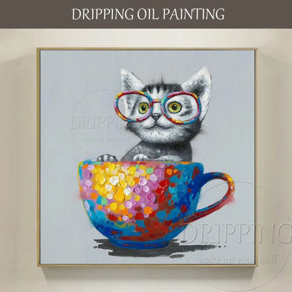 Funny Design Small Animal Cup Cat Oil Painting Artist Hand-painted Colorful Cute Cat with Glasses Oil Painting for Kitchen Decor