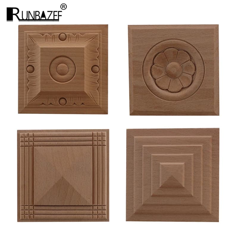 RUNBAZEF  European Decal Square Solid Round Door Heart Flower Furniture Decoration Accessories Carved Walls Wood Applique Onlay