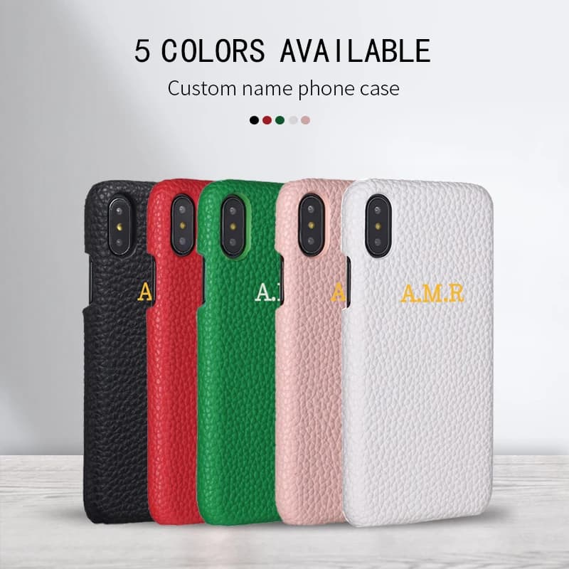 Personalized Pebble Grain Leather Phone Case Gold Silver Initial Name Custom for iPhone15 14 14Pro Max 14Plus 13Promax 13 12