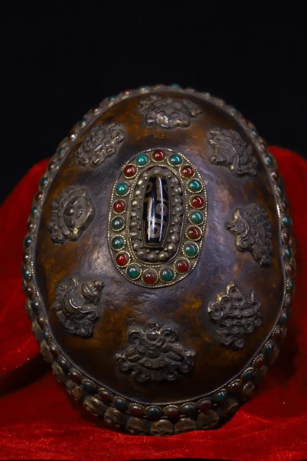 6"Tibetan Temple Collection Old Gabala Bowl Skull Mosaic Gem gZi Beads Auspicious Eight Treasures Kapala Bowl Cup Amulet Dharma