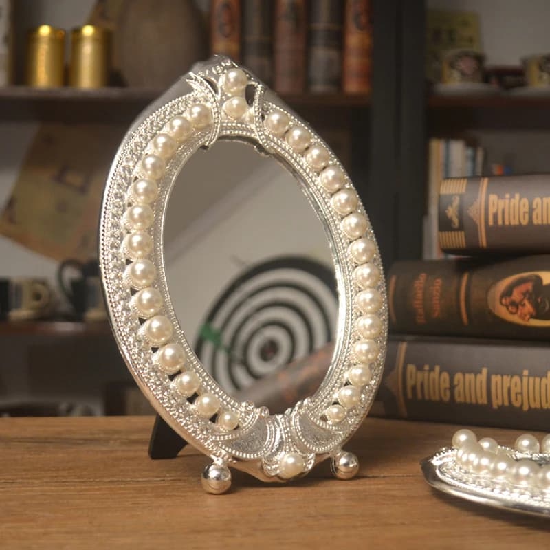 Silver Pearls Jeweled Metal Tabletop Mirror European Gold Antique Brass Copper Oval Footed Single Sided Alloy Standing Mirrors