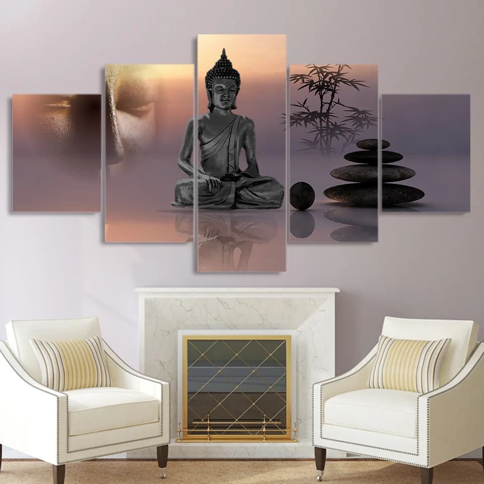 Zen Buddha Statue Landscape Modular Poster 5Pcs Canvas Wall Art Pictures Decoration Living Room Accessories Home Decor Paintings