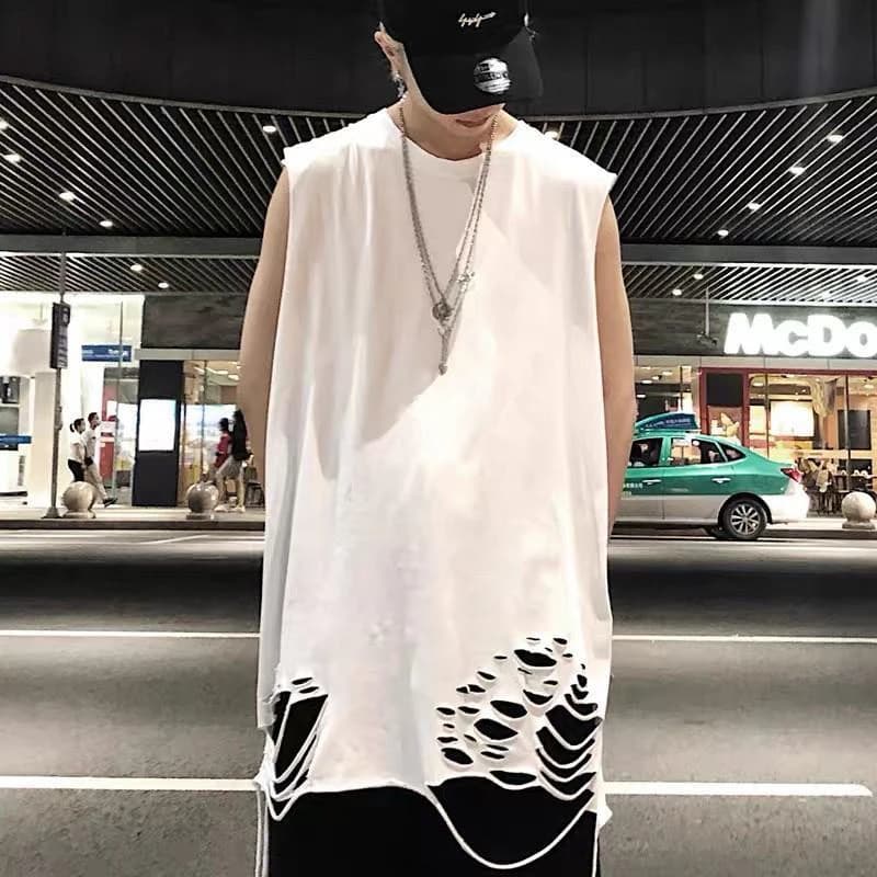 Hip Hop Ripped Hole Men Tank Top Tee Black White Bodybuilding Sports Basketball Run Gym Clothing Vest Japanese Streetwear Tshirt