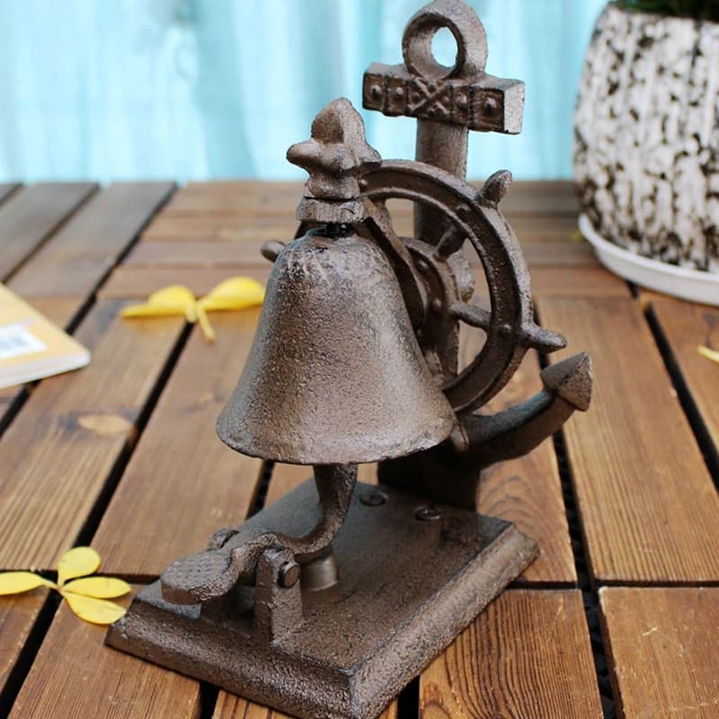 Cast Iron Tabletop Dinner Bell Mediterranean Sea Rudder Design Country Farmhouse Heavy Duty Rustproof Hand Bell Rustic Brown