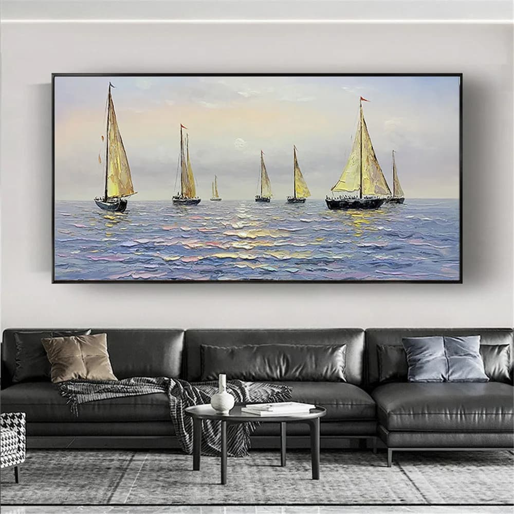 Hand-Painted Seascape Oil Painting Sailing Boat Landscape Canvas Paintings In Bar Home Wall Art Poster Large Salon Decor Picture