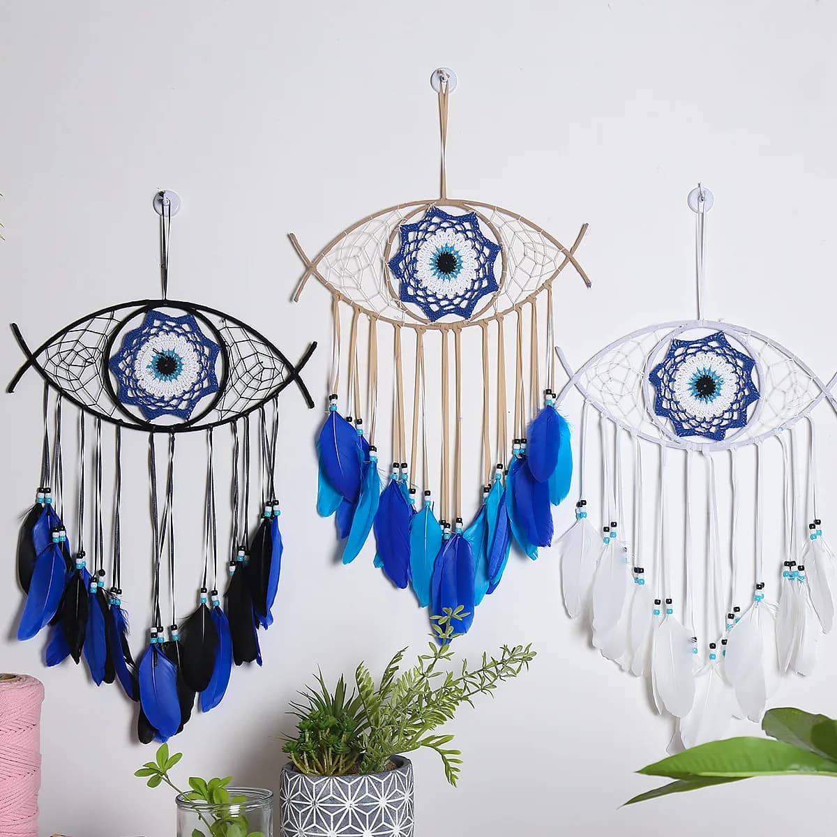 Evil Eye Dream Catcher Boho Room Decor Handmade Eye Wall Decor Blue Feather Dreamcatcher Wall Hanging Wall Art  Living Room Gift