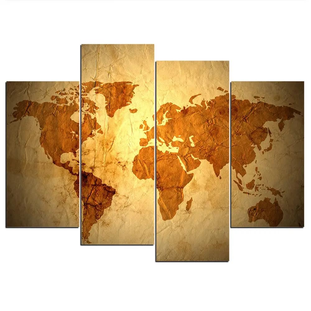4 Pcs Print Posters Canvas Wall Art Painting Glowing Brown World Map Modular Pictures On The Wall Sitting Room No Framed