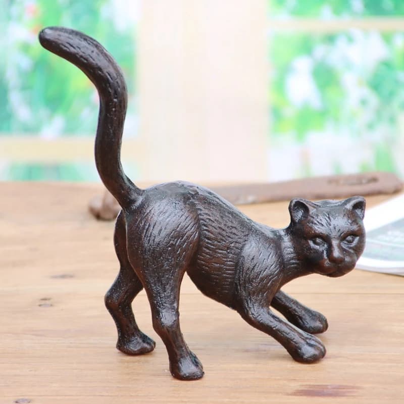 Antique Brown Small Cast Iron Cat Statues European Farm House Accents Handmade Home Garden Tabletop Decor Metal Animal Figurines