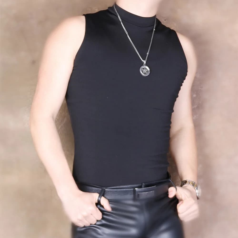 Men Sexy Customized High Neck Vest Tight-fitting Sleeveless Sport Fitness Slim Stretchy Stylish