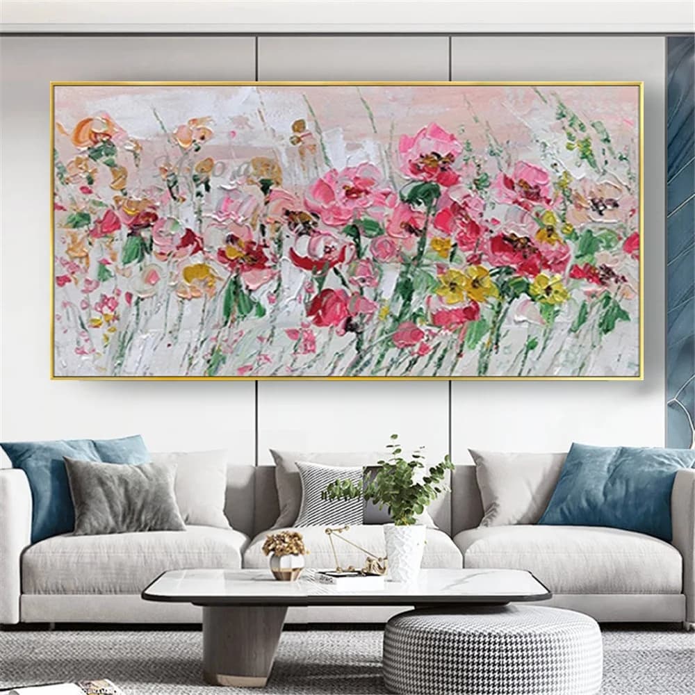 Northern Europe Hand Painted Abstract Oil Painting On Canvas Pink Flower Field Wall Art Home Decoration Unique Gift Artwork Art