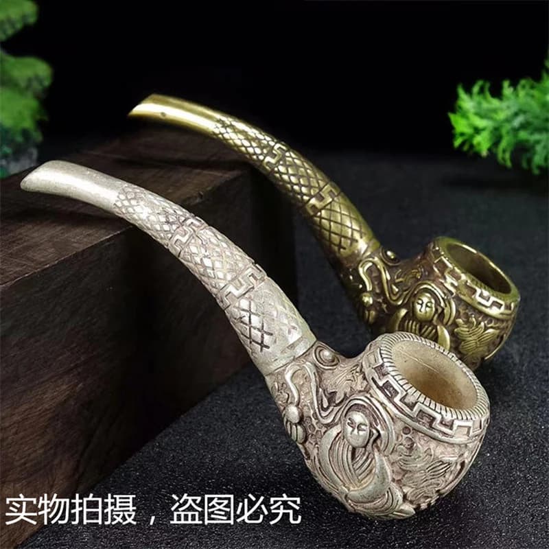 Exquisite Chinese Vintage Handmade Brass White Copper Carved Buddha/Eight Immortals Tobacco Pipe Men's Pipe