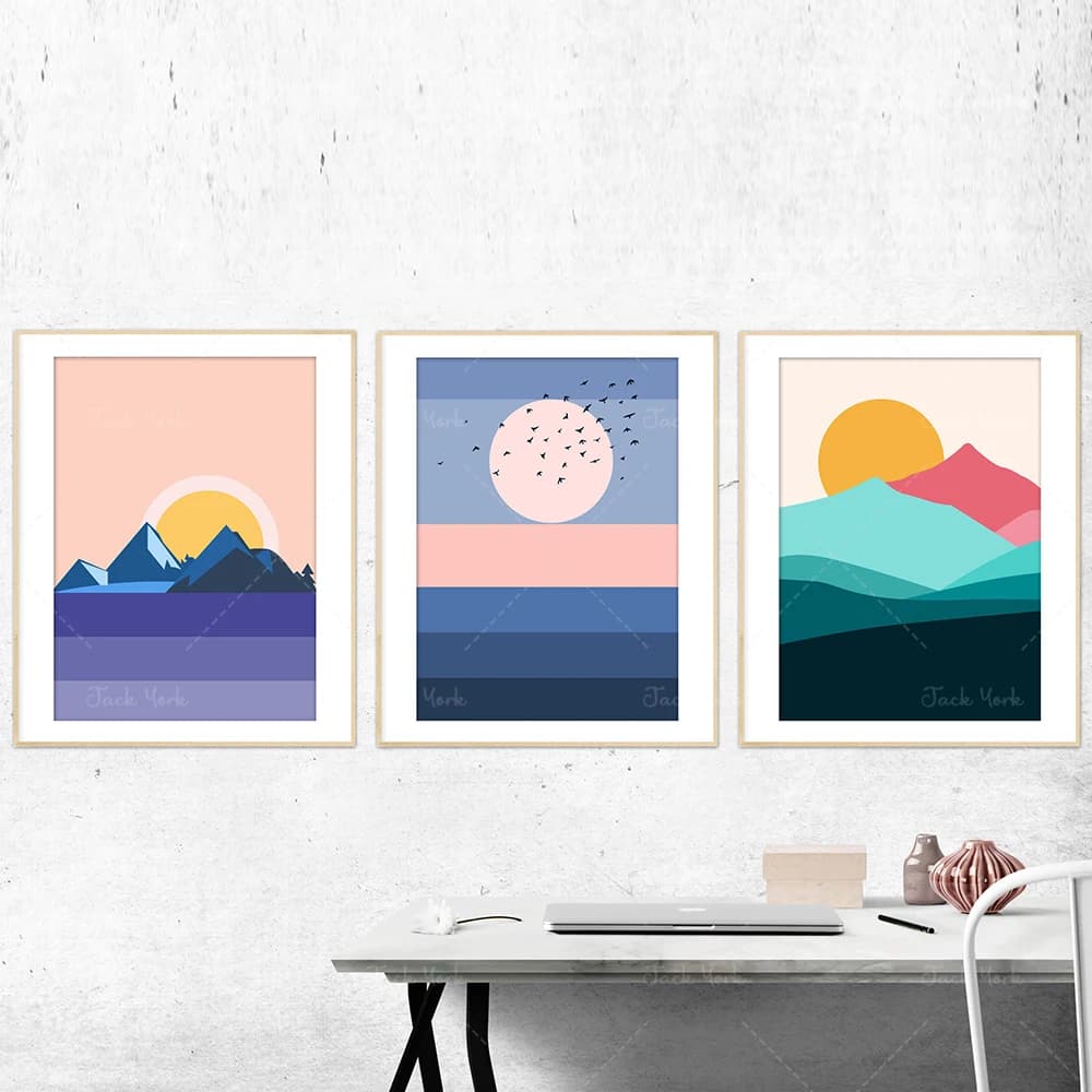 Nordic Landscape Modern Art, Sunset Sunrise Mountains Set, Nordic Minimalist, Scandinavian Abstract Landscape Print
