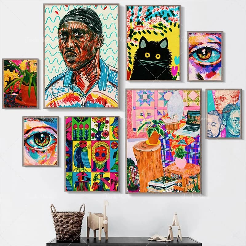 Indie draw aesthetic colorful paintings Home Kids Baby living Room Bedroom Decor Print Poster Picture Painting Wall Art Canvas