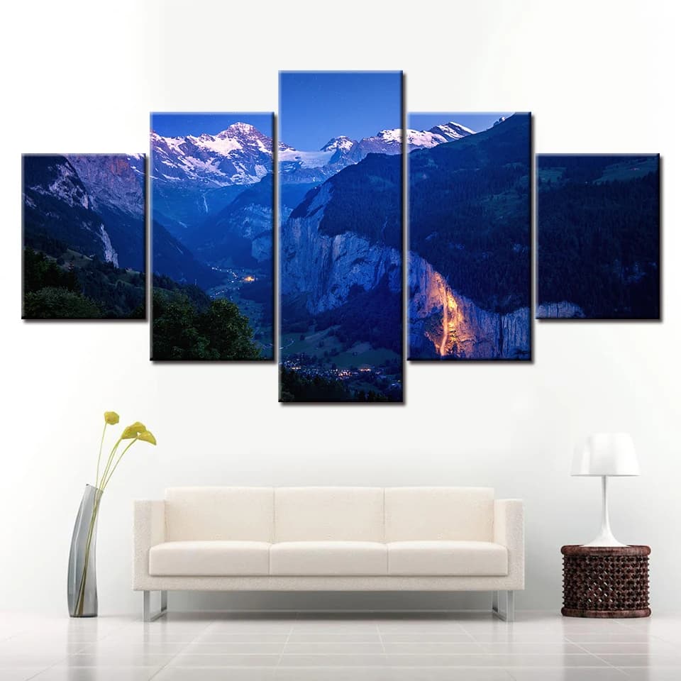 5 Panel Canvas Painting HD Lauterbrunnen Valley landscape Modular Wall Art HD Prints Pictures for Living Room Home Decor
