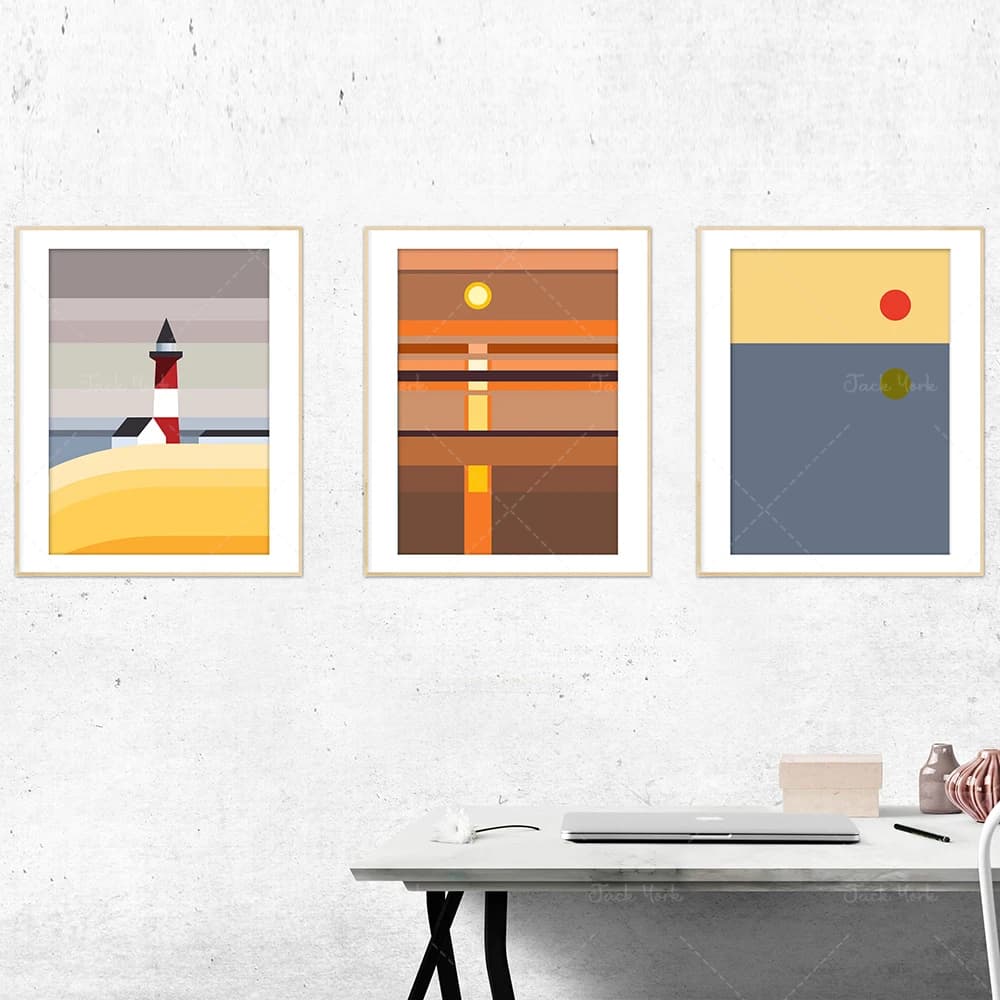 Nordic Abstract, Lighthouse Triptych, Modernist Abstraction, Minimalist Artwork Poster, Sunset Set,  Modern Geometric Art