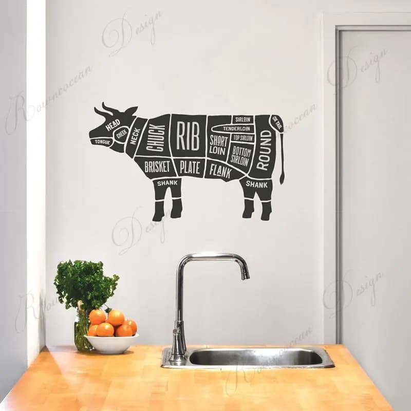 Cuts Of Meat Butches Labelled Cow Kitchen Wall Decal Vinyl Home Decor Slaughterhouse Window Decals Wallpaper Wall Stickers 3A79