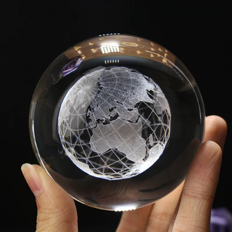 3D Crystal Earth Ball Laser Engraved Miniature Glass Sphere Ball Stand Home Office Ornament