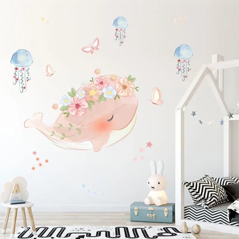 Cute Pink Whale Wreath Jellyfish Wall Sticker Kids Rooms Bedroom Living Room Decorations Mural For Home Decor Stickers Wallpaper