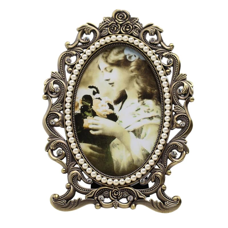 European Antique Brass Silver Plating Hollow Rose Flower With White Pearls Inlaid 4x6, 5x7 Inches Oval Footed Metal Photo Frame