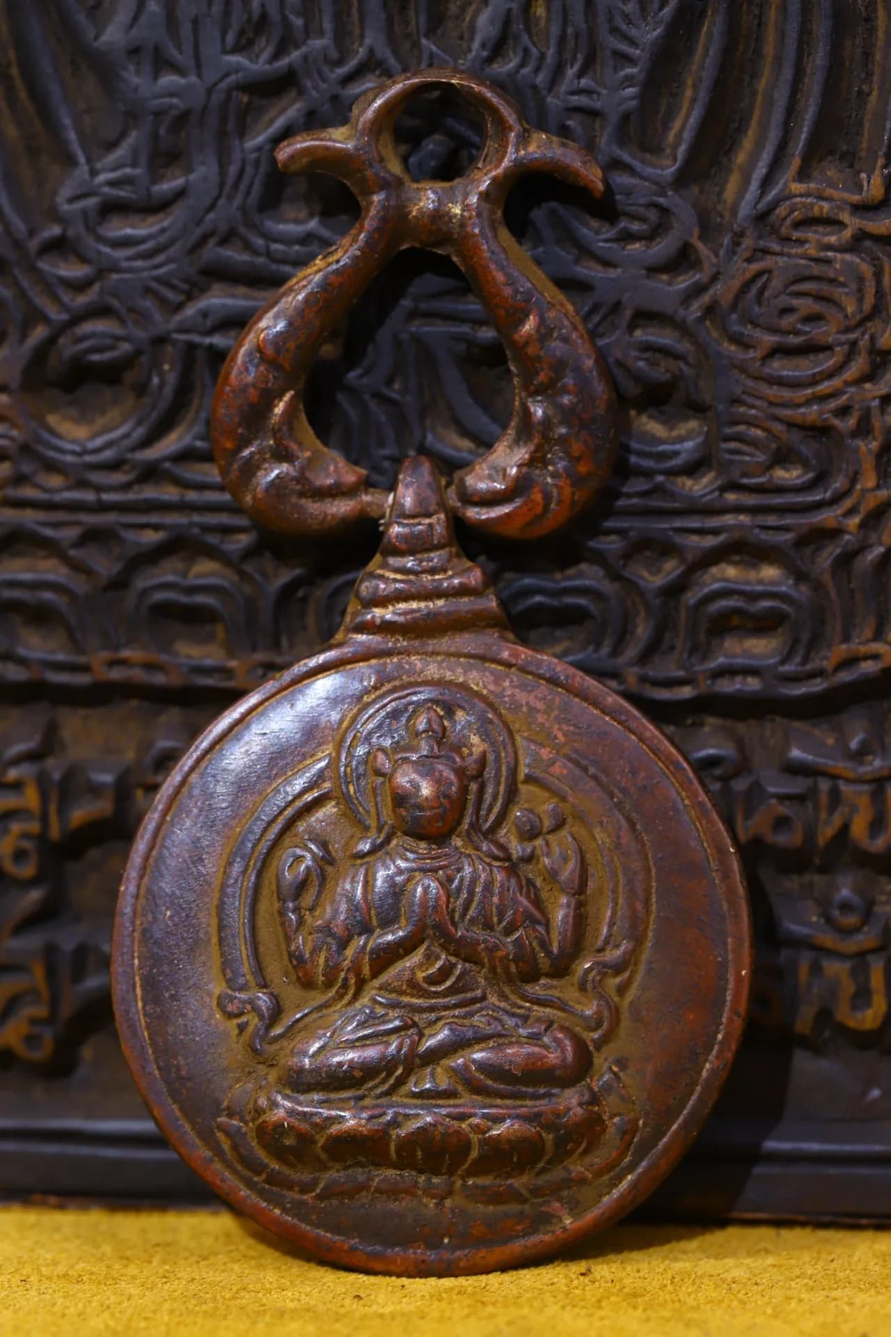 4"Tibetan Temple Collection Old Bronze Cinnabar Four armed Guanyin Bodhisattva Amulet Dharma Pendant Nine Palaces Bagua Exorcism
