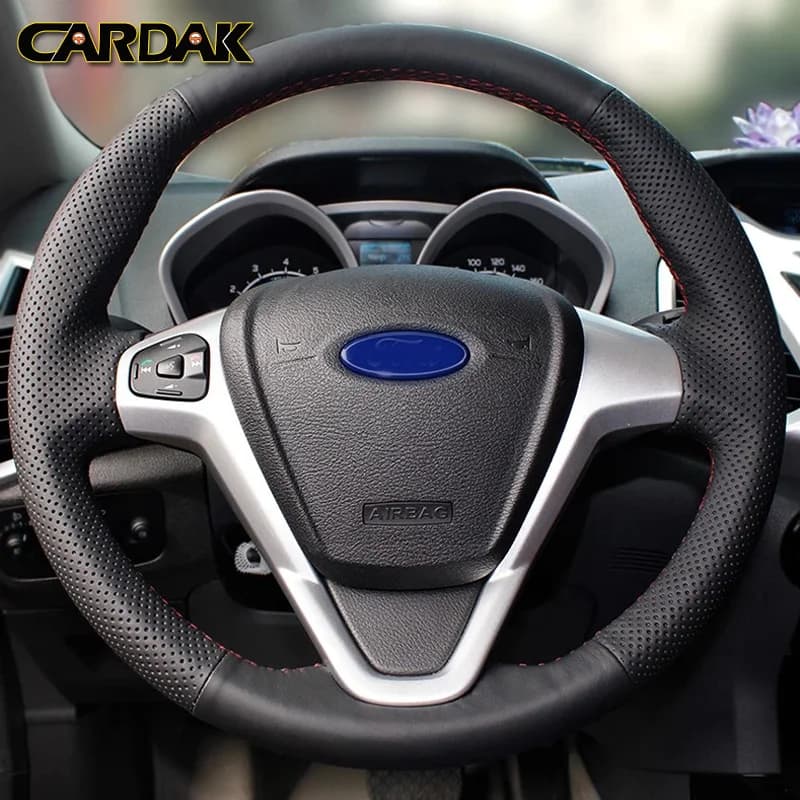 CARDAK Black Artificial Leather Car Steering Wheel Cover for Ford Fiesta 2008-2013 Ecosport 2013-2016