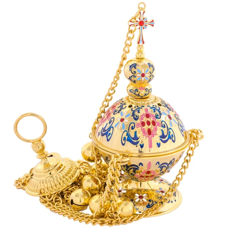 Ornate Gilded Enamel Orthodox Hanging Censer Floral Pattern Incense Burner With Bells Elegant Liturgical Vessel Devotional Relig