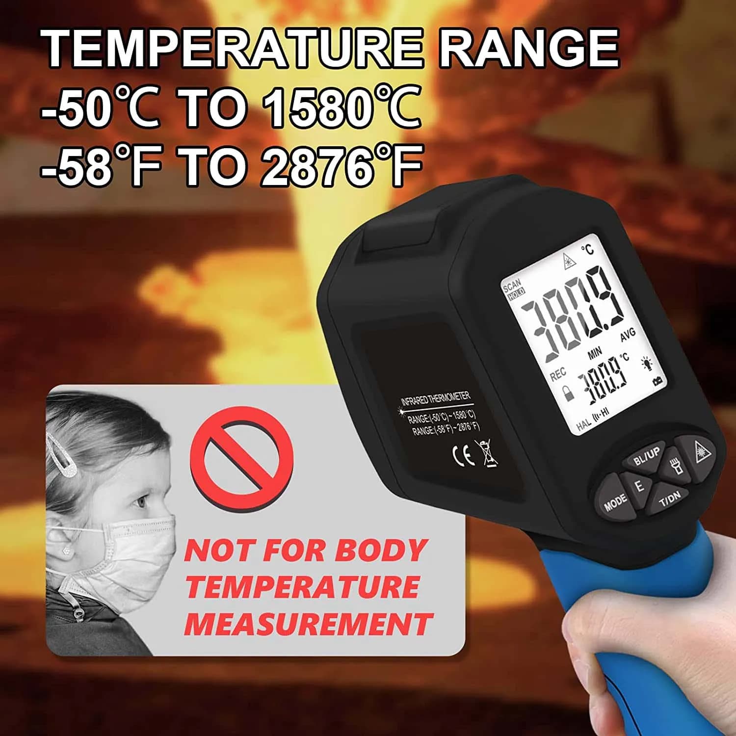 -50℃ to 1580℃ Digital Infrared Thermometer Non-Contact Laser IR Pyrometer for Cooking, Pizza Oven, Industrial Measurement