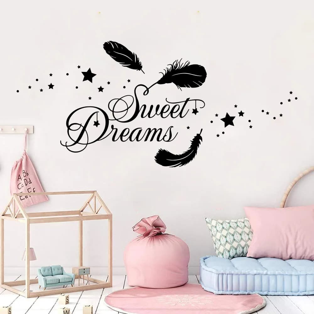 Cartoon Sweet Dreams Star Feather Wall Sticker Baby Nursery Kids Room Family Love Inspirational Quote Wall Decal Bedroom Vinyl