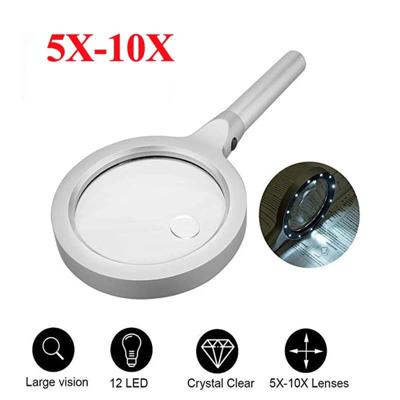 Handheld Magnifying Glass with 12 Led Light High Quality Metal Aluminum 5X 10X Magnifier Glass For Reading Repair Senior